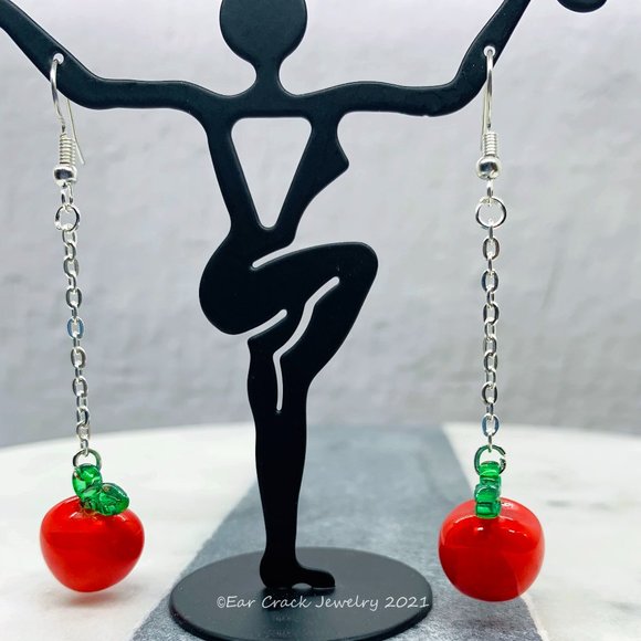 Red Apple Fruit Dangle Earrings - Picture 5 of 6
